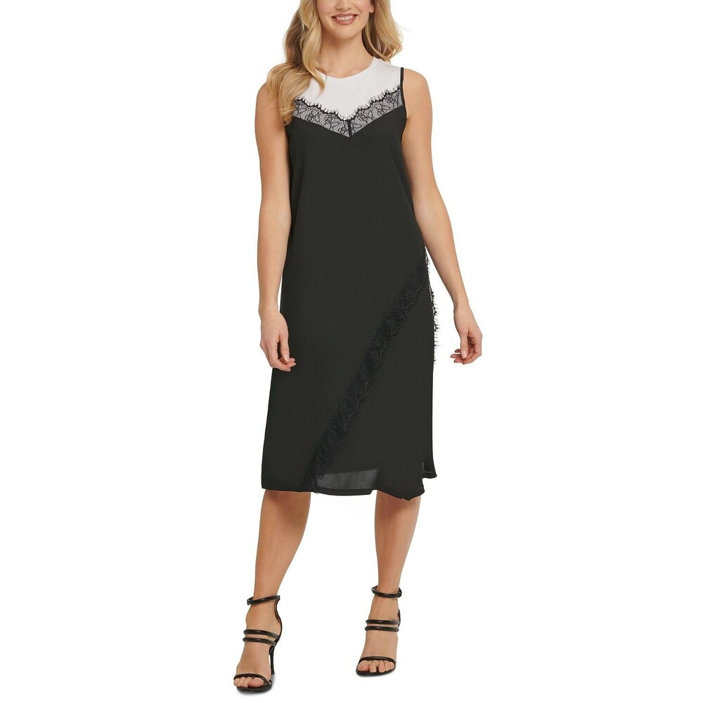 DKNY Sleeveless Dress XS Womens Black White Lace Mixed Media Sheath New
